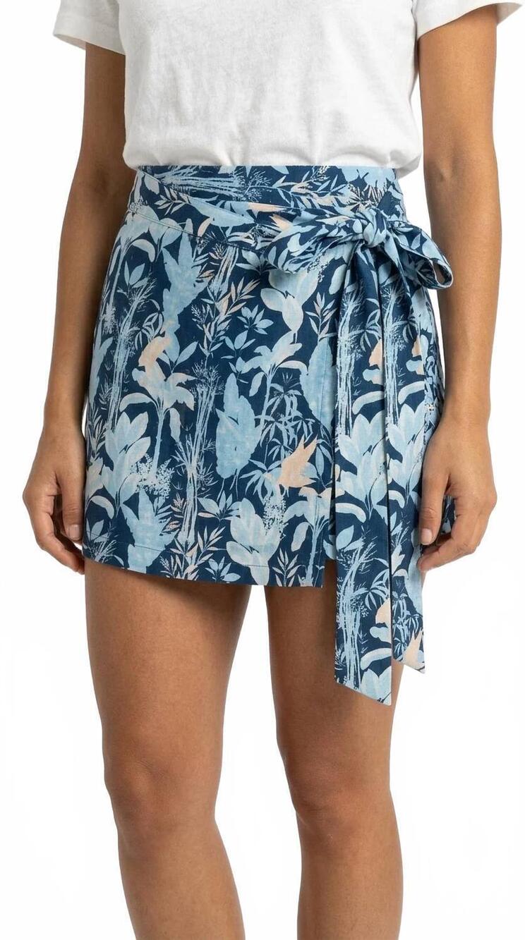 NEW VERANDAH mini wrap skirt in navy blue mono foliage